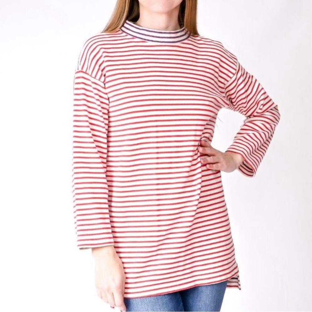 SIR Red White Striped High Low Mock Neck Tunic Sweater Women’s